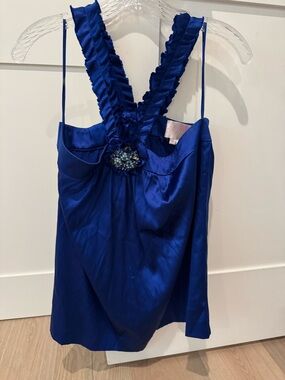 Royal Blue Silk Ruffle Strap Top with Jeweled Accent